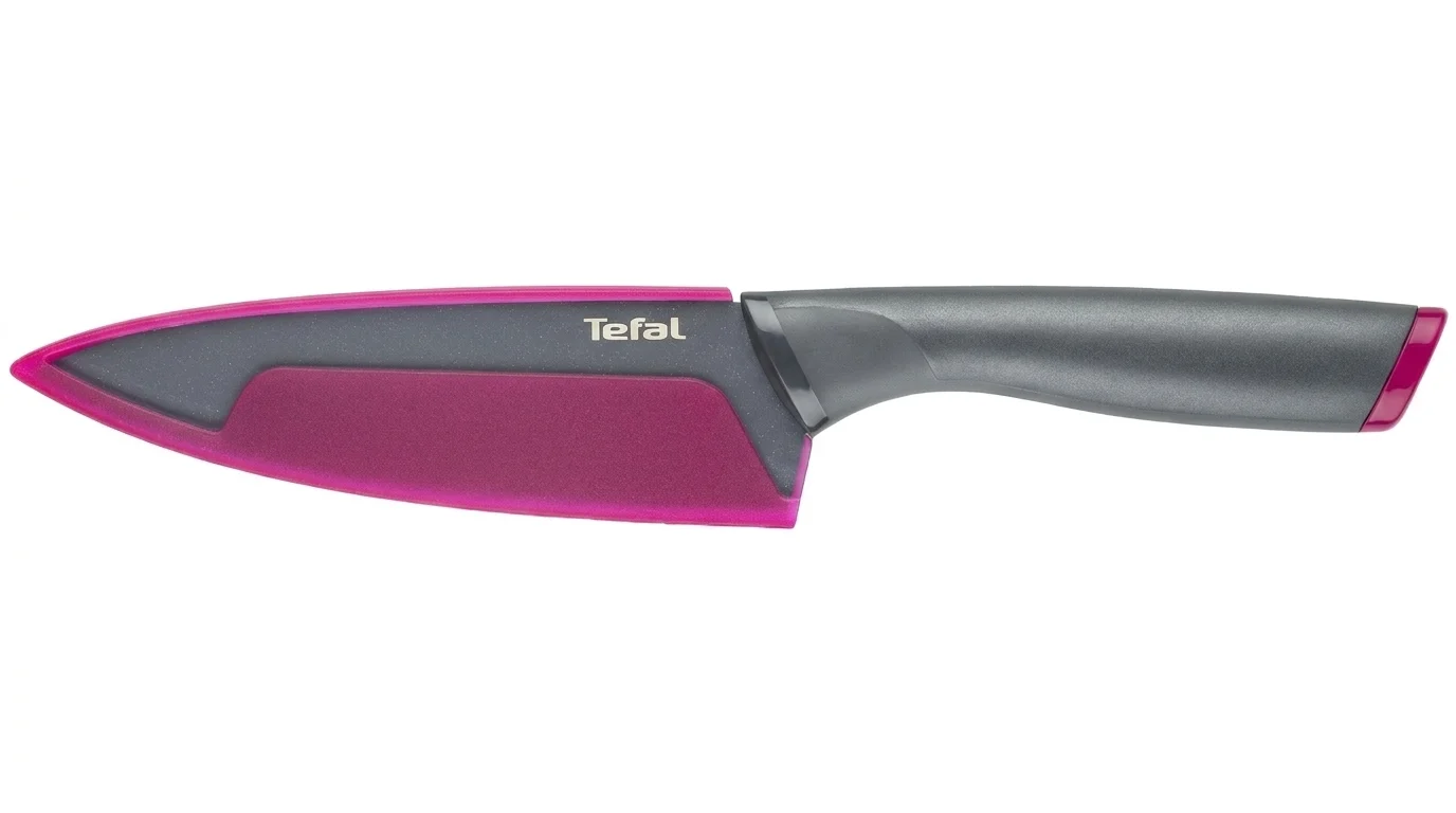 Kuchyňský nůž Tefal FreshKitchen v šedo-růžovém ochranném pouzdře na čepel.