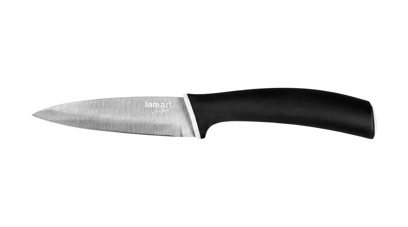 Kuchynský nôž Lamart s krátkou nerezovou čepeľou a čiernou ergonomickou rukoväťou na bielom pozadí.