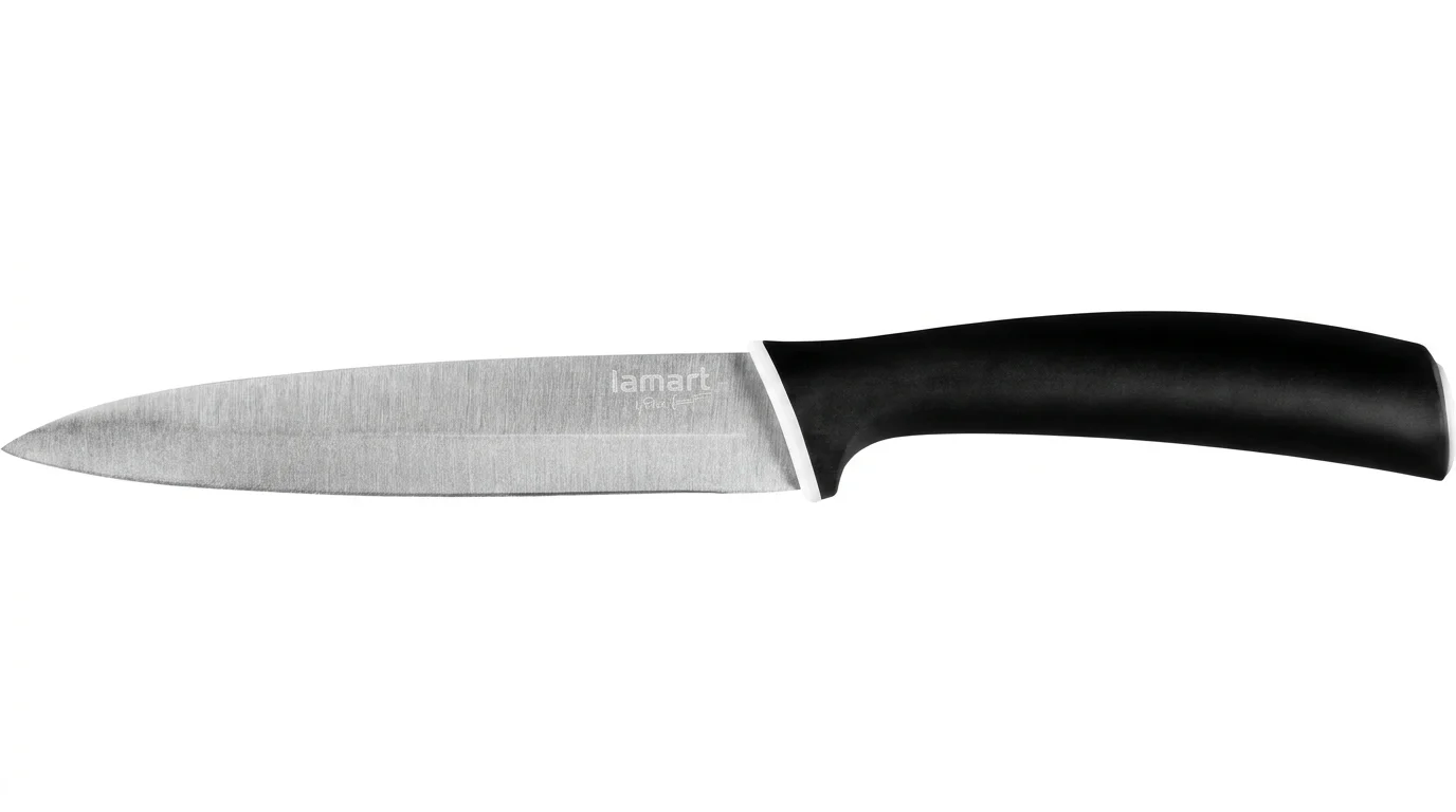 Kuchyňský nůž Lamart LT2065 s ocelovou čepelí a černou ergonomickou rukojetí s bílým detailem.
