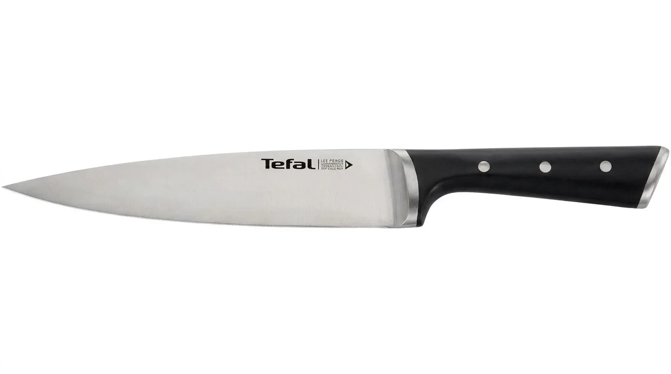 Kuchyňský nůž Tefal Ice Force s nerezovou čepelí a černou ergonomickou rukojetí se třemi nýty na bílém pozadí.