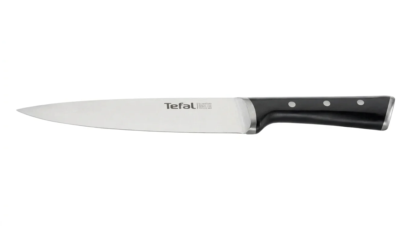 Kuchyňský nůž Tefal Ice Force s nerezovou čepelí a černou rukojetí se stříbrnými nýty na bílém pozadí.