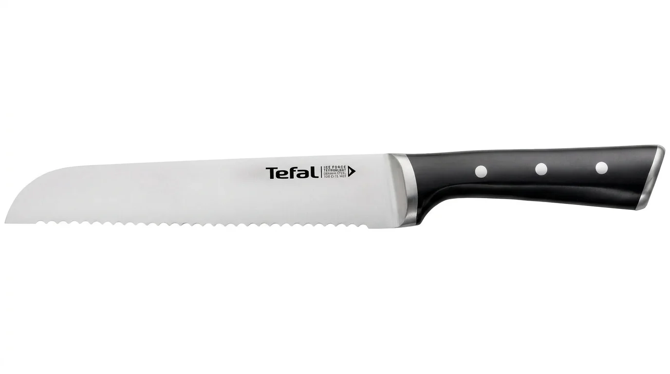 Nůž na pečivo Tefal Ice Force s vroubkovanou nerezovou čepelí a černou rukojetí se třemi nýty.