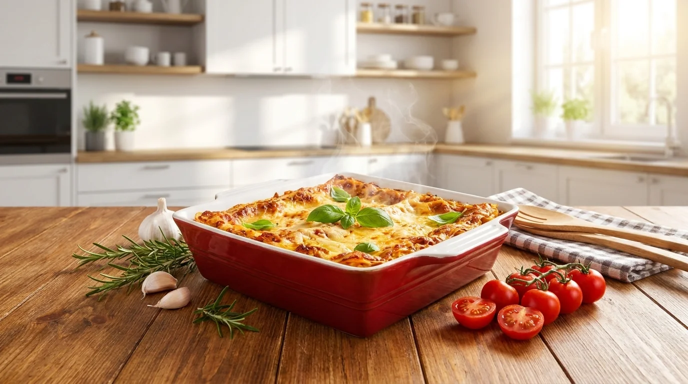Červená keramická zapékací mísa Lamart s upečenými lasagnemi na dřevěném stole v kuchyni.