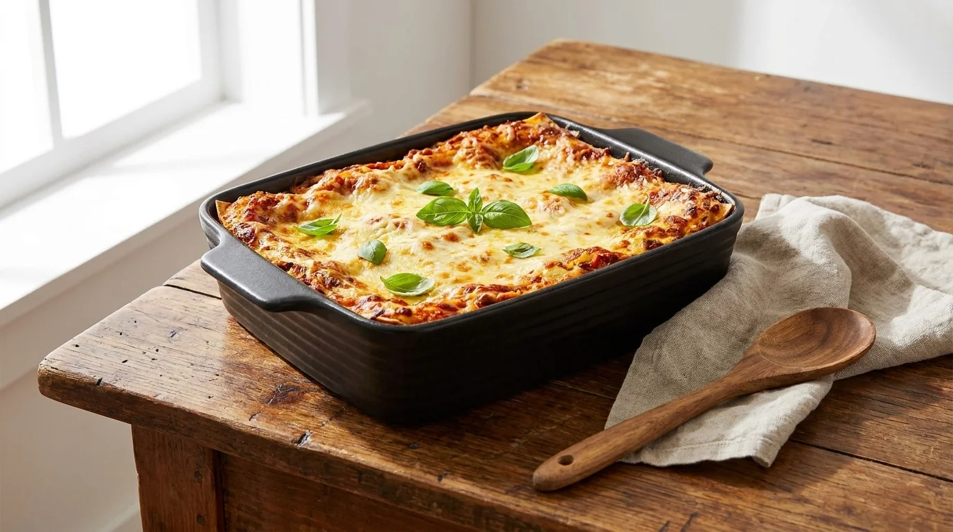 Čierna keramická zapekacia misa Lamart LT9215 s upečenými lasagňami a bazalkou na drevenom stole vedľa drevenej lyžice.