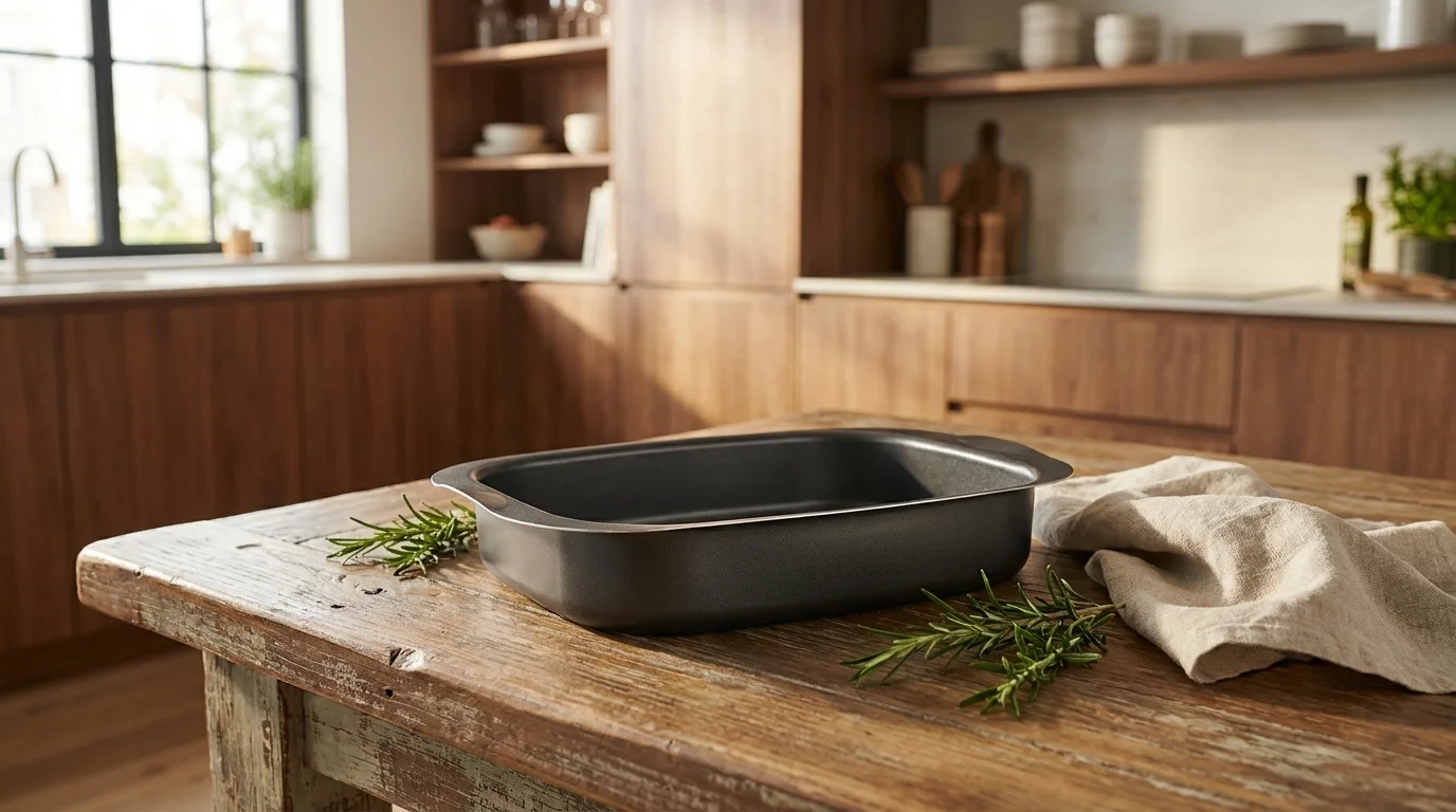 Černý pekáč Tefal La Recyclé na dřevěném stole s větvičkami rozmarýnu a látkovou utěrkou v kuchyni.