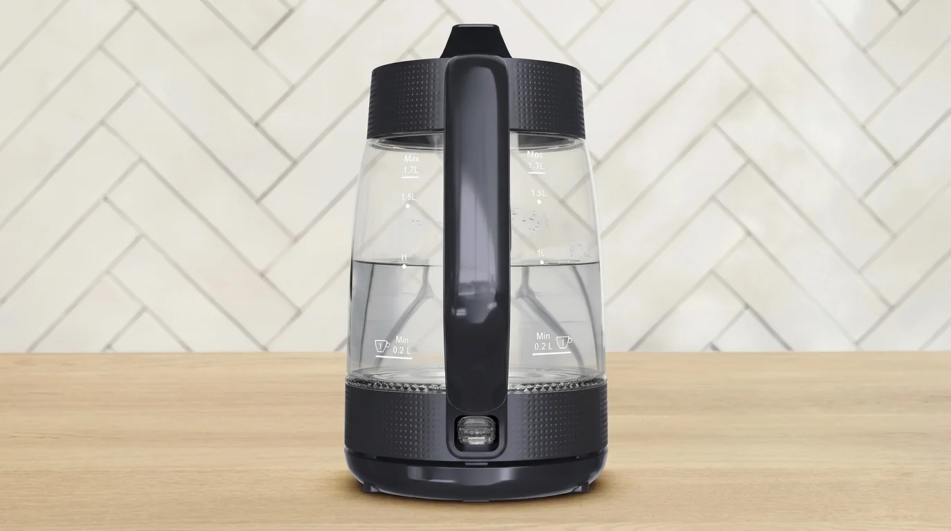 Skleněná rychlovarná konvice Tefal Morning Glass s černou rukojetí a ukazatelem hladiny vody na dřevěné lince.