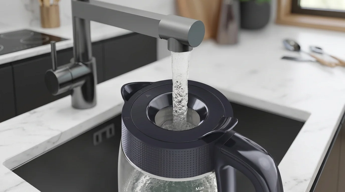 Napouštění vody z kuchyňské baterie do skleněné rychlovarné konvice Tefal přes otvor ve víku.