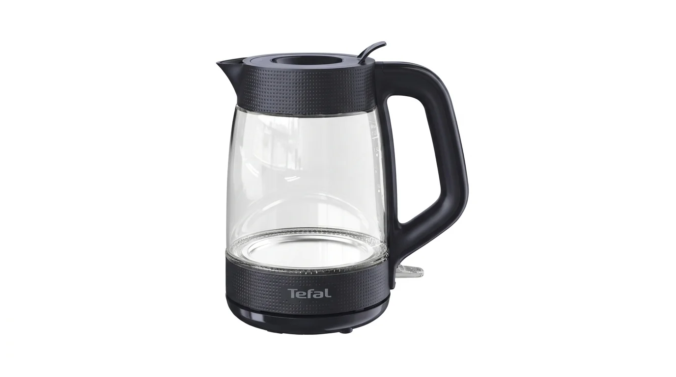 Rychlovarná konvice Tefal KO2G08E0 z čirého skla s černou základnou, víkem a rukojetí.