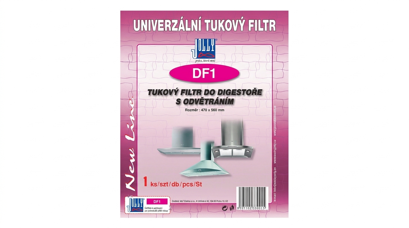 Balení univerzálního tukového filtru Jolly DF1 o rozměrech 470 × 560 mm pro digestoře s odvětráním.