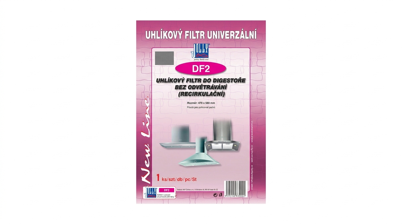 Balení univerzálního uhlíkového filtru Jolly DF2 pro recirkulační digestoře o rozměru 470 × 560 mm.