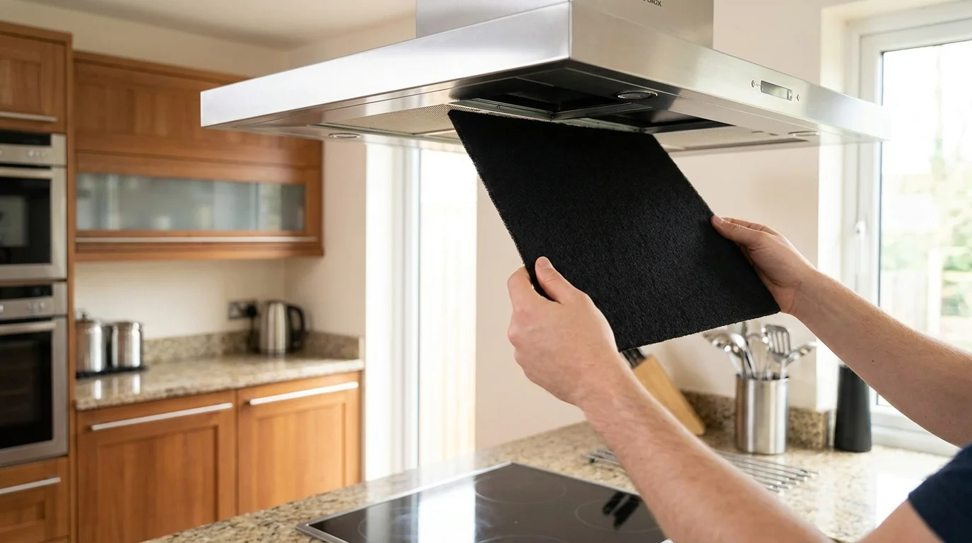 Instalace černého uhlíkového filtru MORA do nerezového odsavače par v kuchyni.