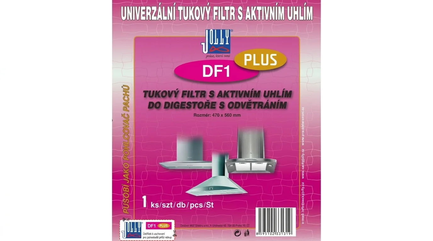 Balení univerzálního tukového filtru s aktivním uhlím Jolly DF1 PLUS o rozměru 470 × 560 mm pro kuchyňské digestoře.