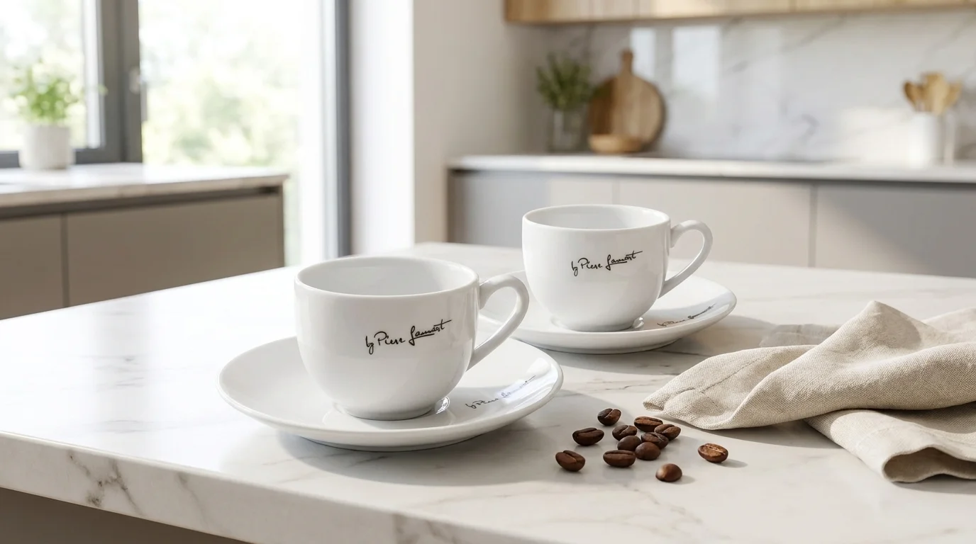 Dva bílé porcelánové šálky Lamart LT9208 s podšálky na kuchyňské lince vedle kávových zrn a plátěného ubrousku.
