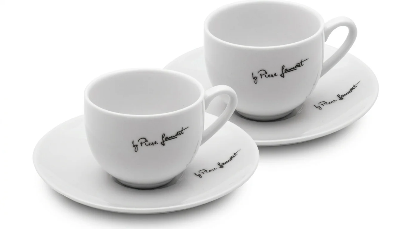 Dva bílé porcelánové šálky s podšálky Lamart s černým nápisem by Piere Lamart.