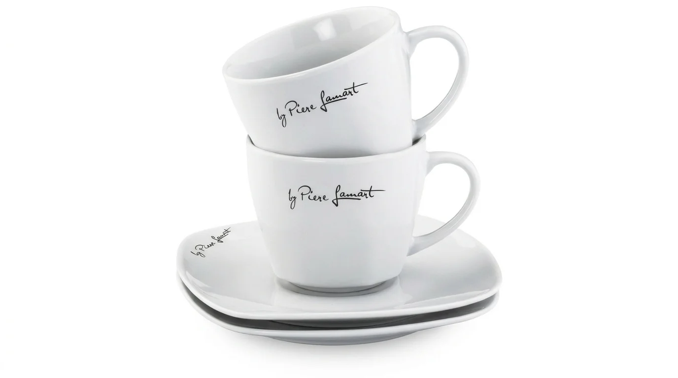 Dva bílé porcelánové šálky Lamart postavené na sobě na dvou čtvercových podšálcích.