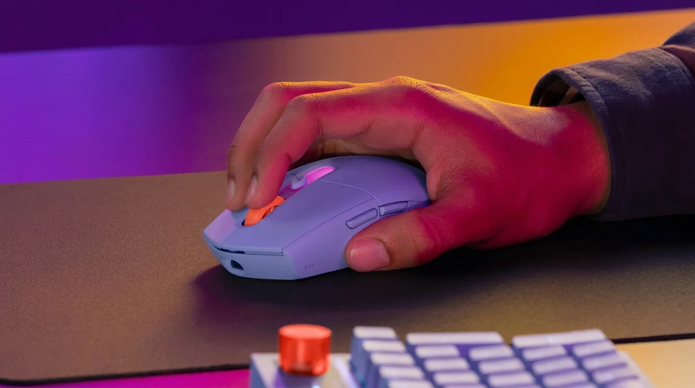 Ruka držící fialovou herní myš Logitech G305 X SUPERLIGHT Lilac na černé podložce vedle klávesnice.
