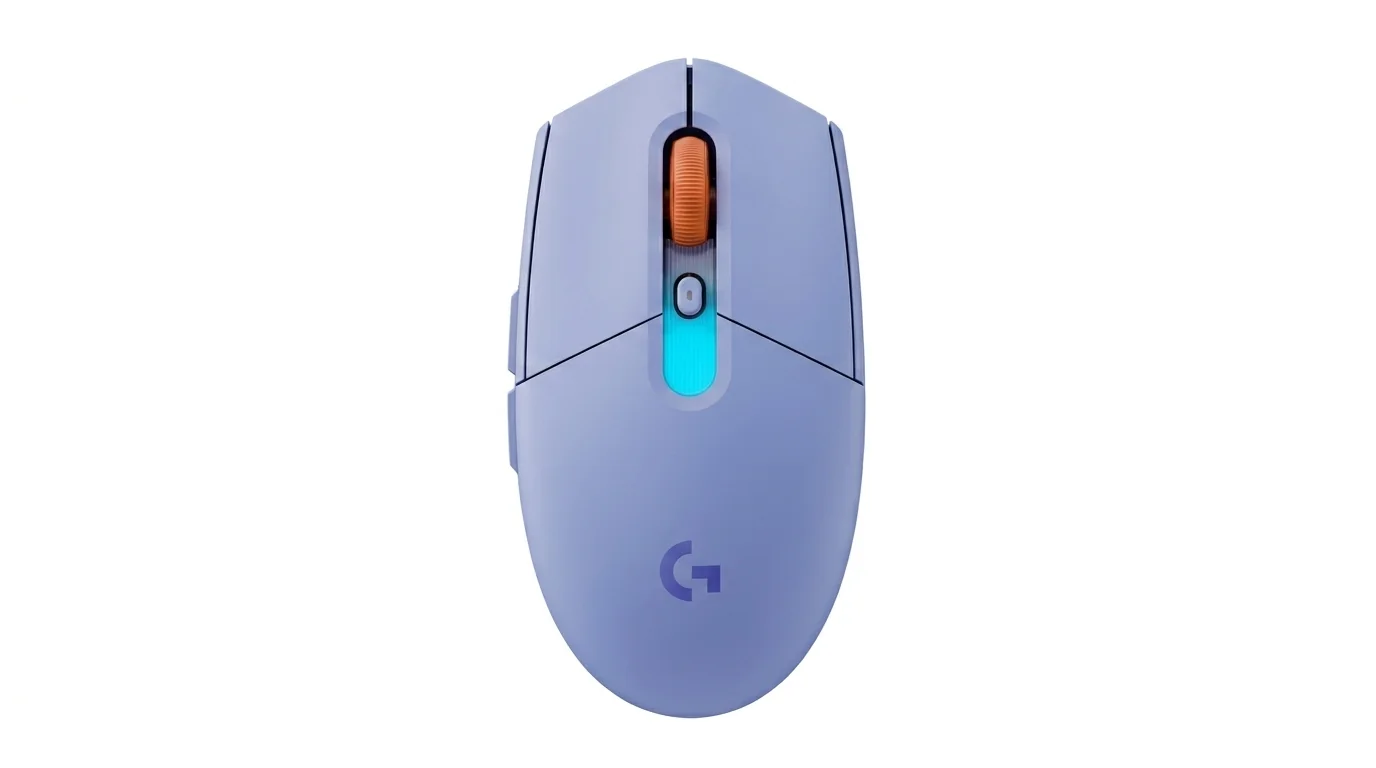 Fialová herní myš Logitech G305 X SUPERLIGHT s oranžovým rolovacím kolečkem a modrým podsvícením z horního pohledu.