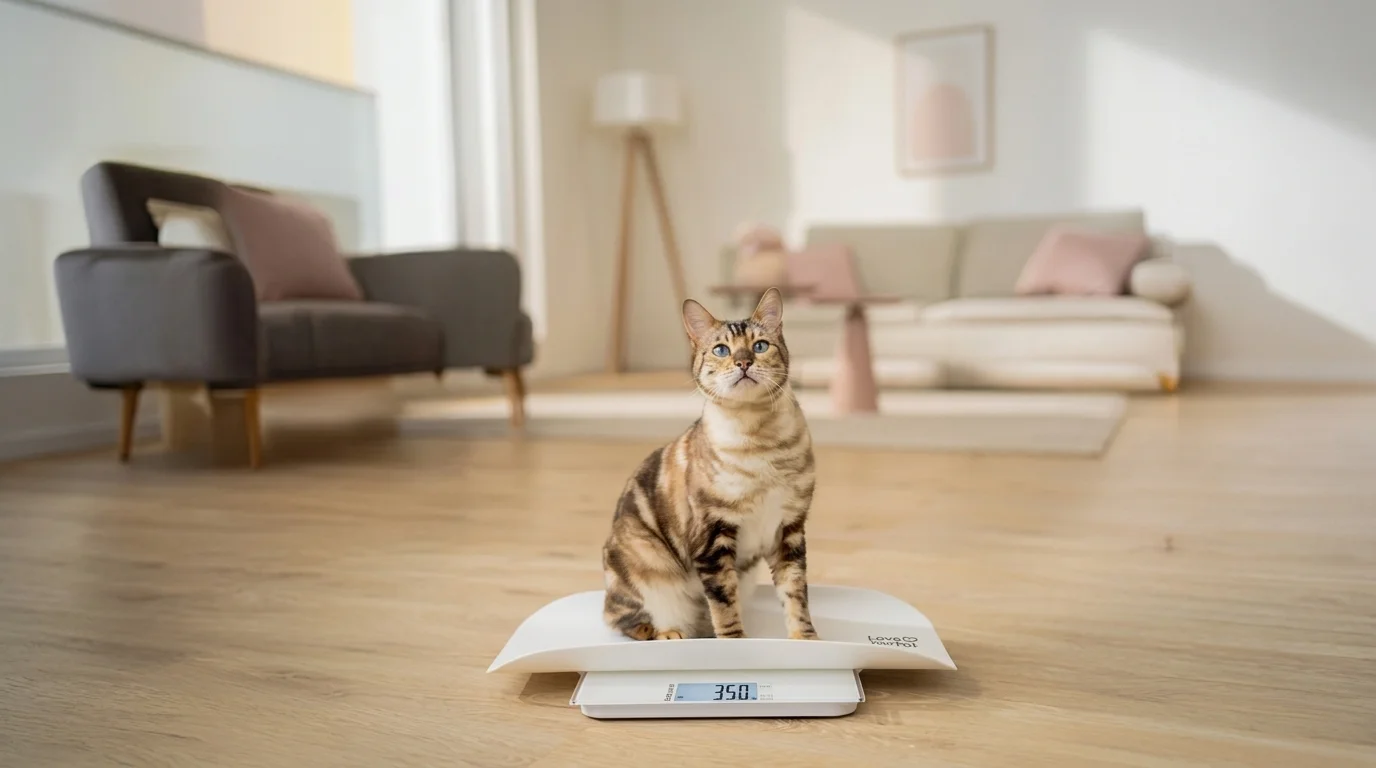 Kočka sedí v odnímatelné misce bílé váhy na zvířata Beurer PP170 Polly na podlaze obývacího pokoje.