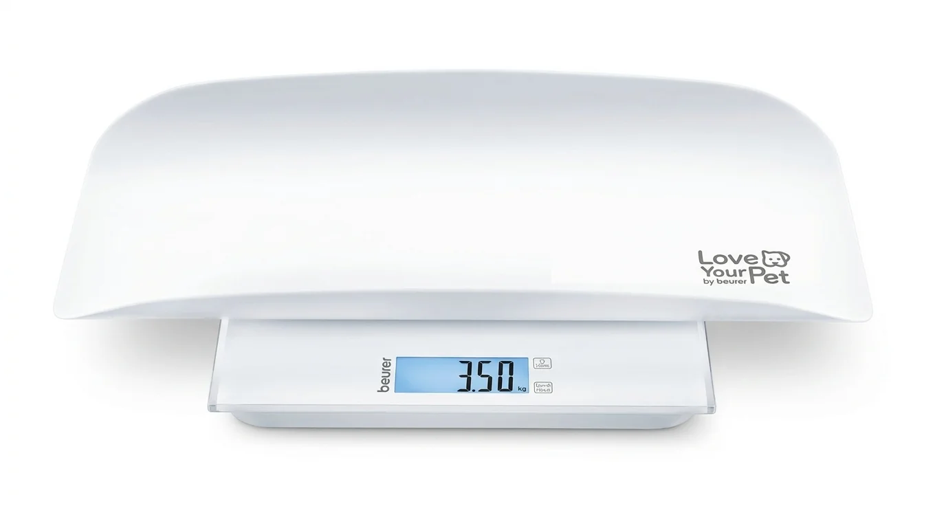 Bílá váha na zvířata Beurer s tvarovanou miskou a modře podsvíceným LCD displejem s hodnotou 3,50 kg.