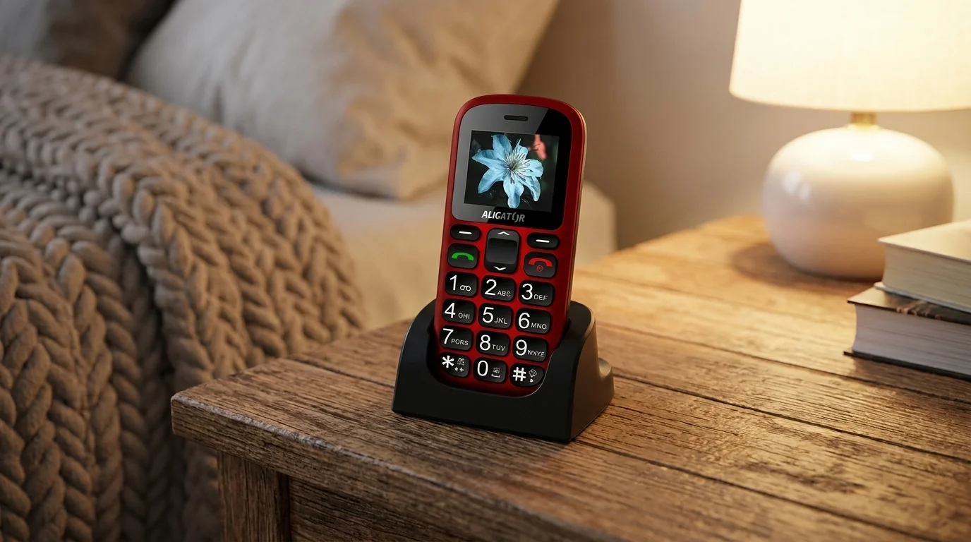 Mobilní telefon ALIGATOR A321 Senior v červeno-černém provedení stojí v nabíjecím stojánku na dřevěném nočním stolku.
