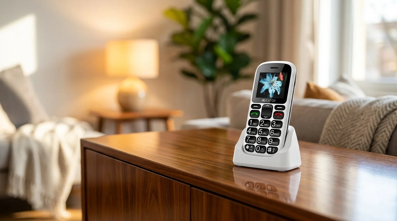 Bílý mobilní telefon ALIGATOR A321 Senior v nabíjecím stojánku na dřevěné komodě.