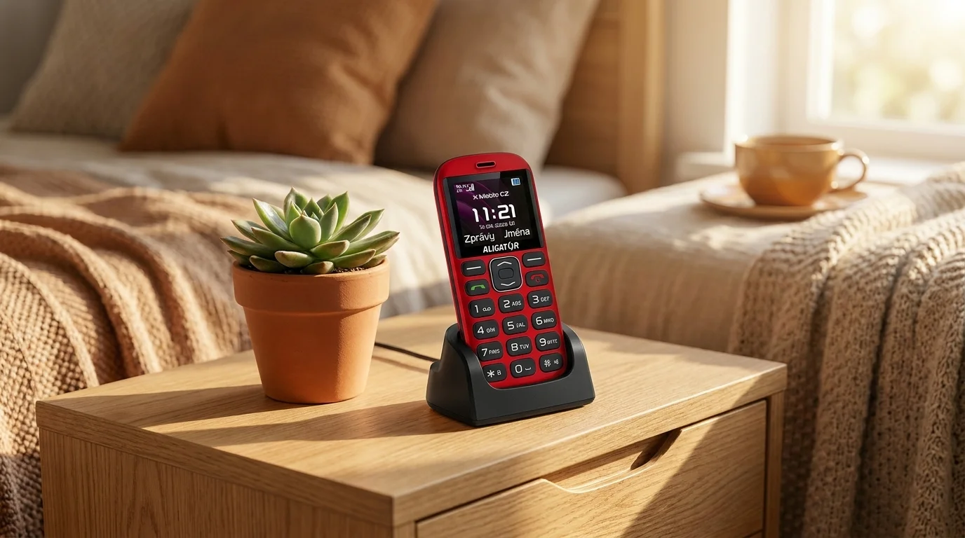 Červeno-černý mobilní telefon ALIGATOR A720 4G Senior v černém nabíjecím stojánku na dřevěném nočním stolku vedle sukulentu.