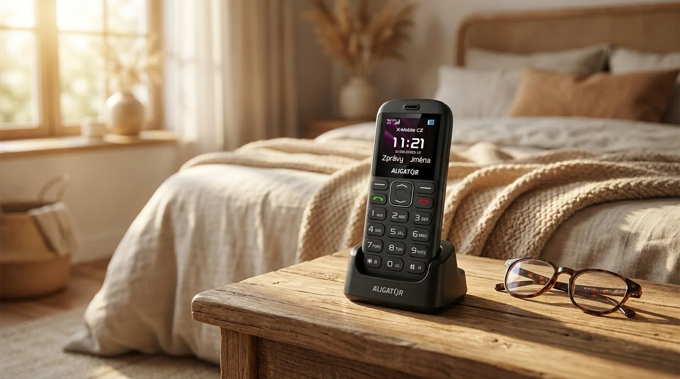 Mobilní telefon Aligator A720 4G Senior v nabíjecím stojánku na dřevěném stolku vedle brýlí s ložnicí v pozadí.