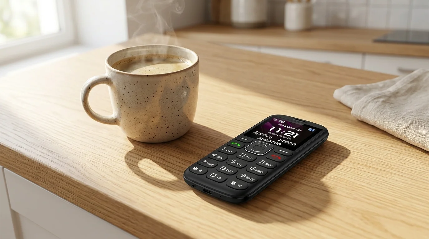 Černý mobilní telefon Aligator A720 4G Senior leží na dřevěném stole vedle hrnku s kouřící kávou.
