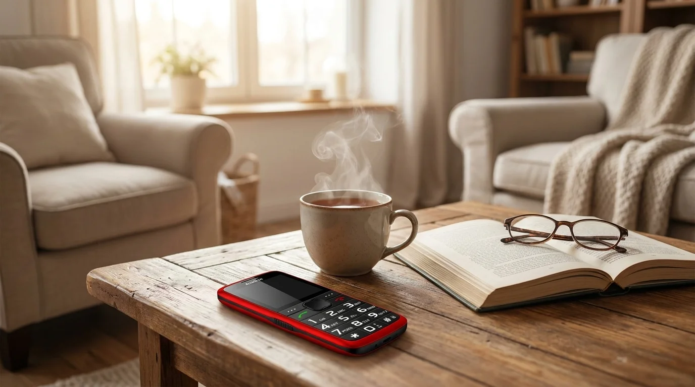 Červený mobilní telefon Aligator A675 Senior položený na dřevěném stolku vedle kouřícího hrnku a otevřené knihy s brýlemi.