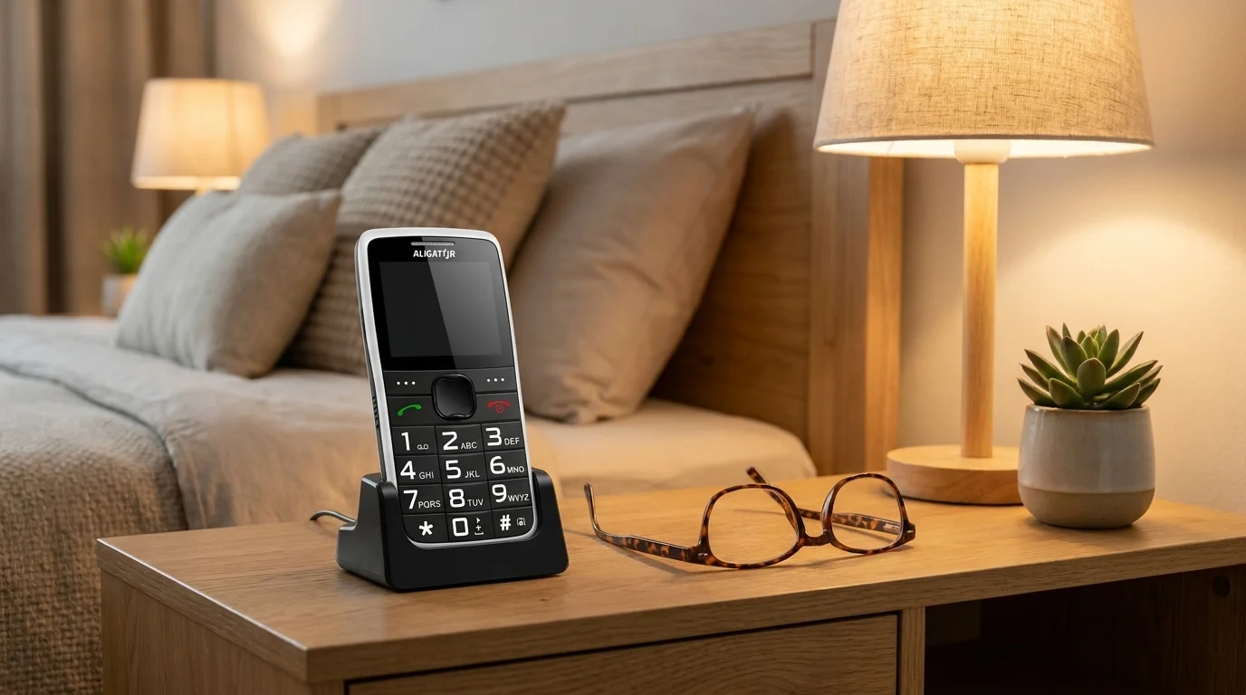 Mobilní telefon ALIGATOR A675 Senior v nabíjecím stojánku na dřevěném nočním stolku vedle brýlí a stolní lampy.
