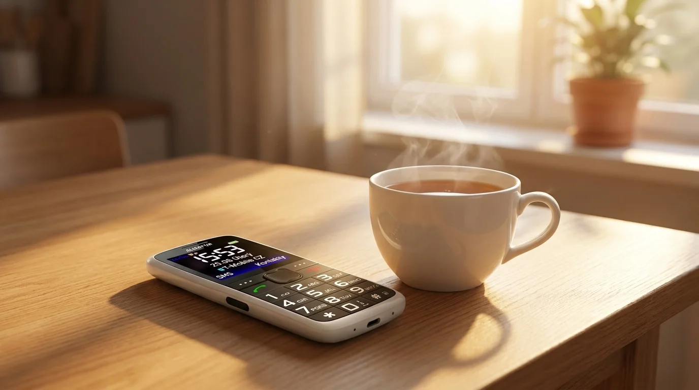 Bílý mobilní telefon ALIGATOR A675 Senior ležící na dřevěném stole vedle kouřícího šálku s teplým nápojem.