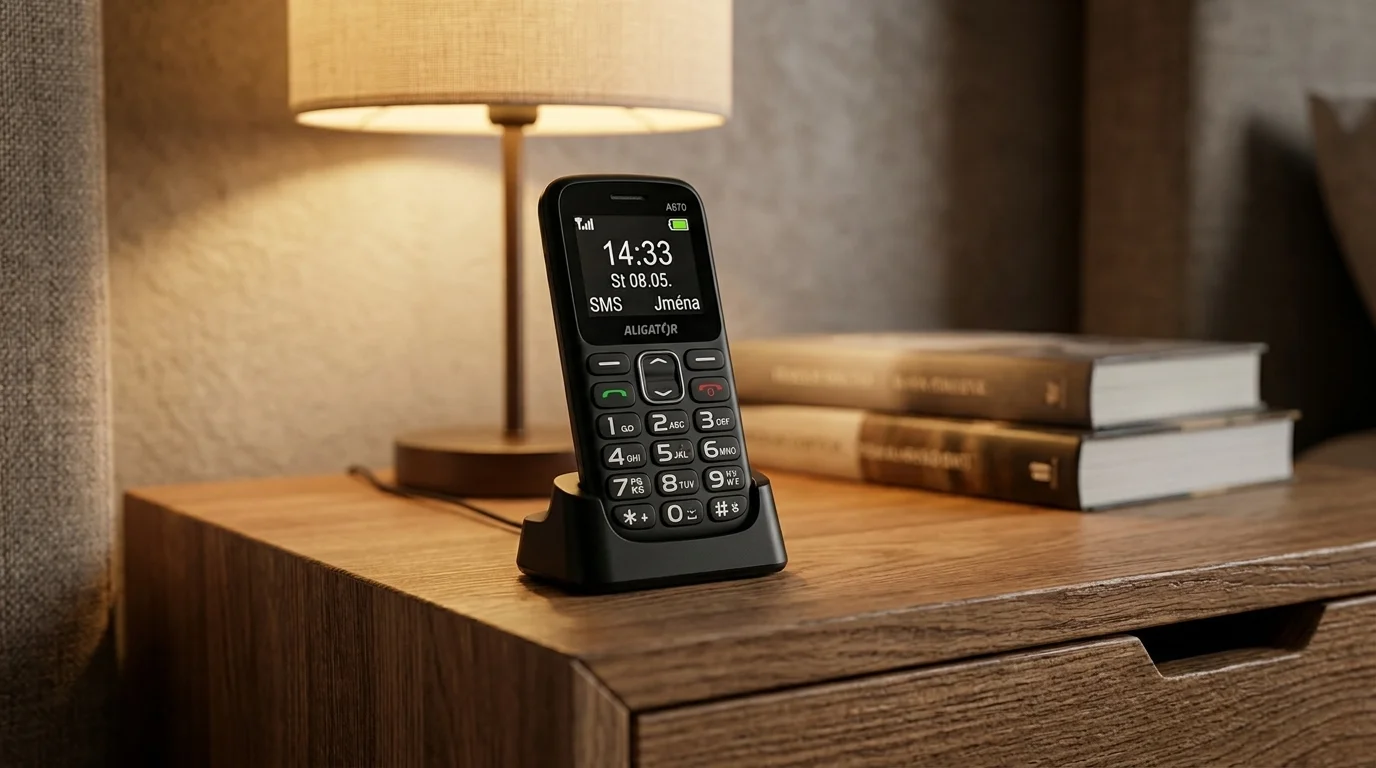Černý mobilní telefon Aligator A670 Senior v nabíjecím stojánku na dřevěném nočním stolku vedle rozsvícené lampy.