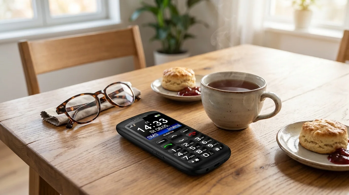 Černý mobilní telefon Aligator A670 Senior položený na dřevěném stole vedle šálku s teplým nápojem a brýlí.