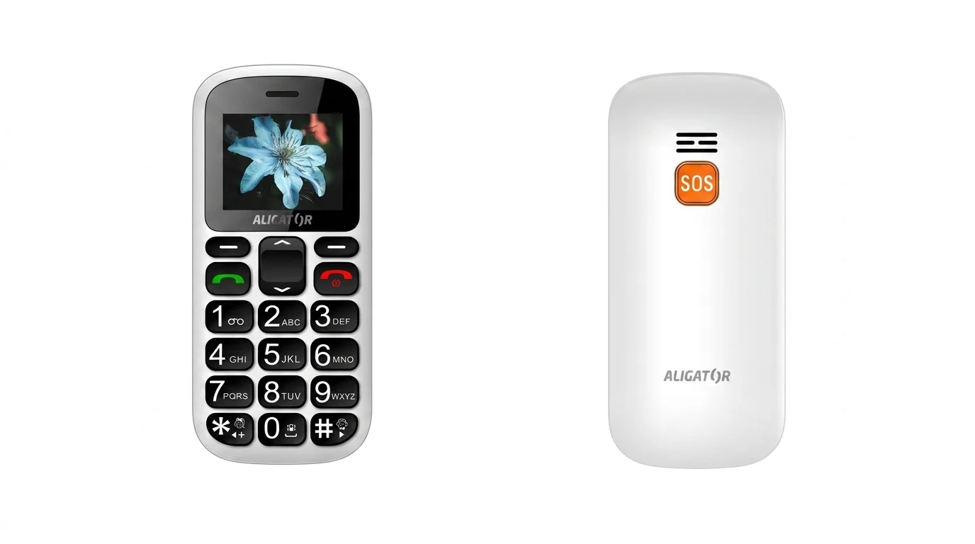 Přední a zadní strana bílého mobilního telefonu ALIGATOR A321 Senior s velkými tlačítky a výrazným oranžovým SOS tlačítkem na zadní straně.