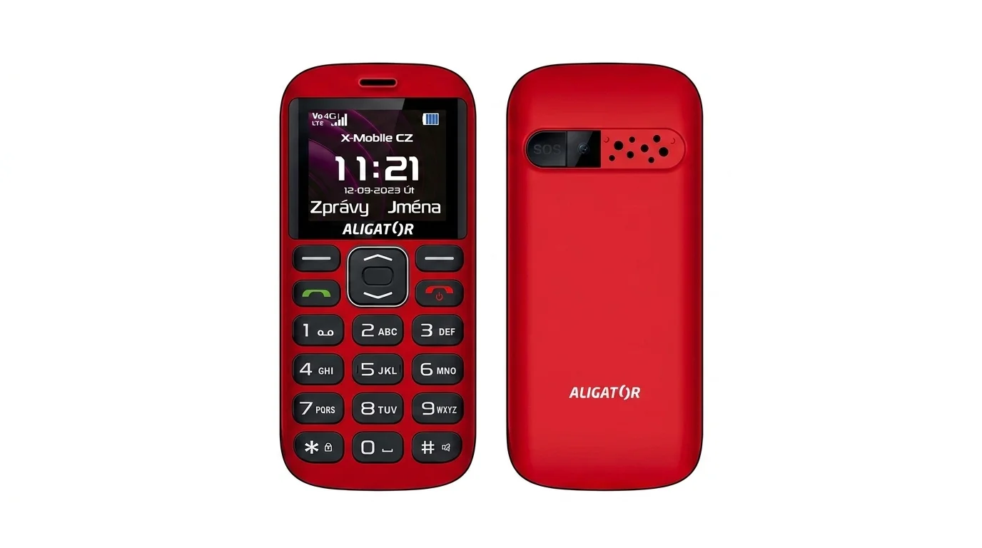 Mobilní telefon ALIGATOR A720 4G Senior v červeno-černém provedení zobrazený z přední strany s displejem a klávesnicí a ze zadní strany.