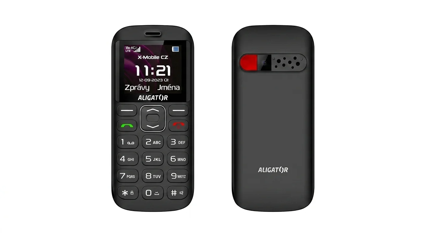 Přední a zadní strana černého mobilního telefonu Aligator A720 4G Senior s velkými tlačítky a červeným SOS tlačítkem.