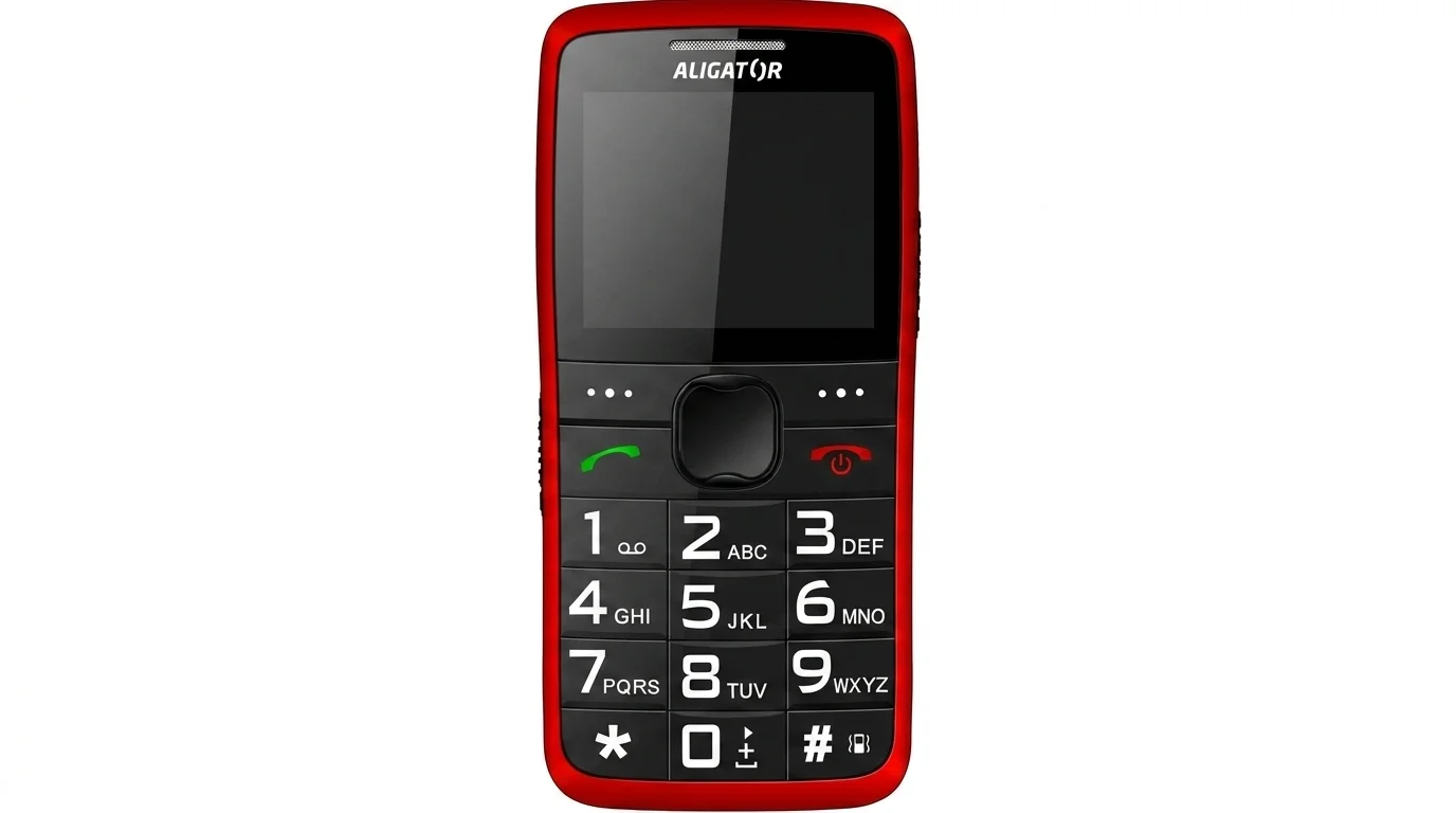 Červený mobilní telefon Aligator A675 Senior s velkými bíle popsanými tlačítky a černým displejem.
