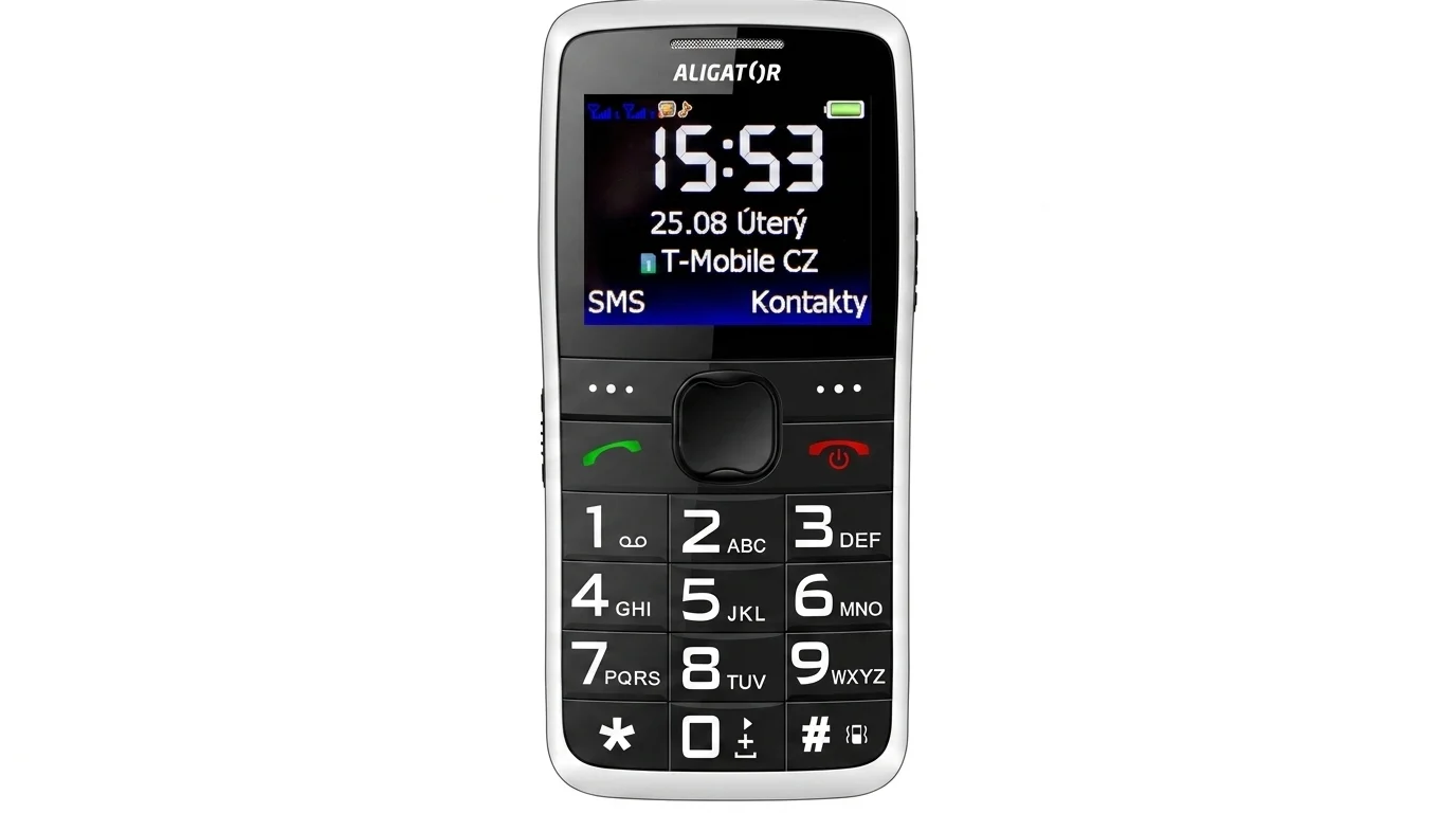 Bílý mobilní telefon ALIGATOR A675 Senior s velkými černými tlačítky a barevným displejem.
