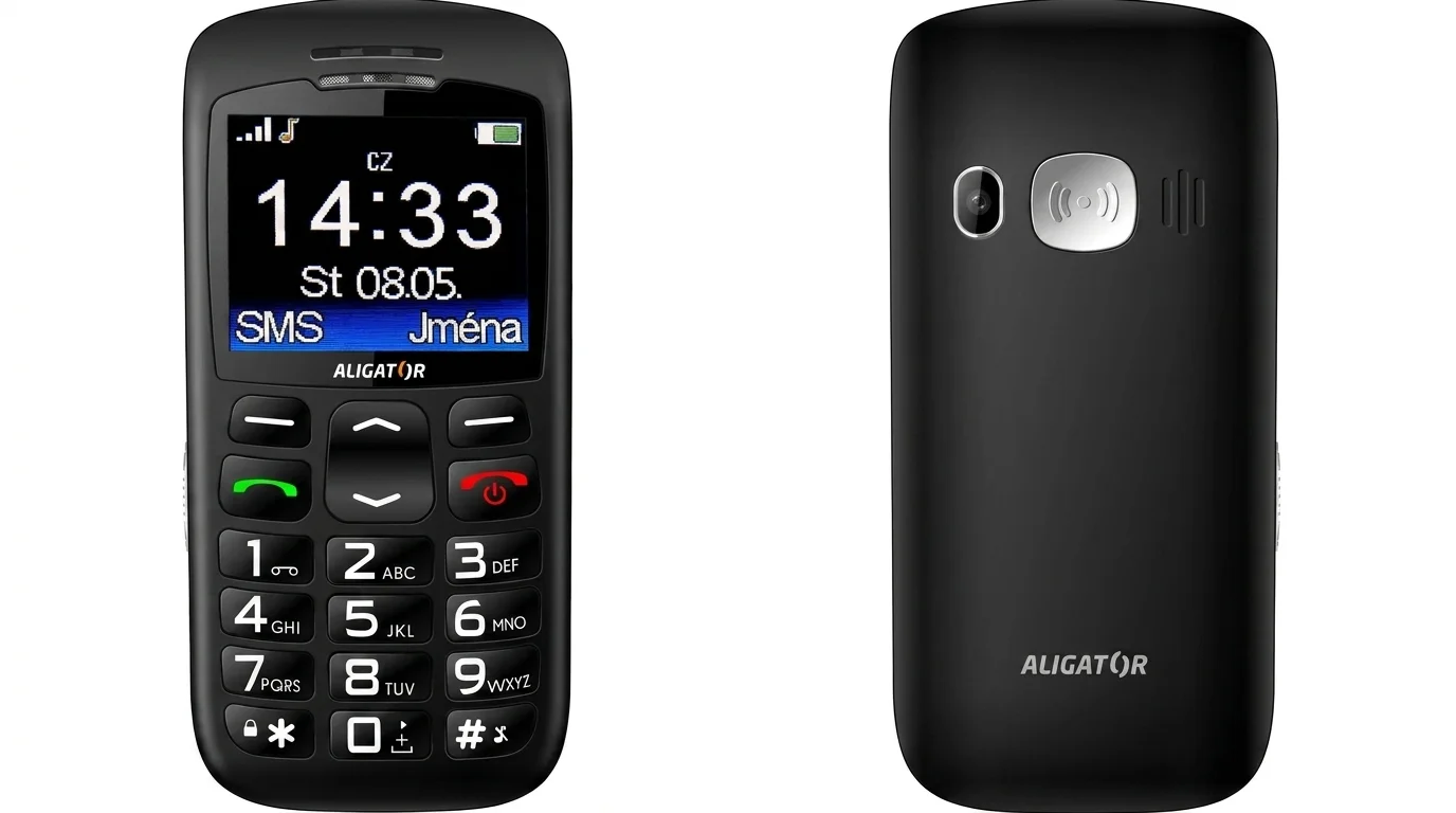 Přední a zadní strana černého mobilního telefonu Aligator A670 Senior s velkými tlačítky, barevným displejem a SOS tlačítkem na zadní straně.