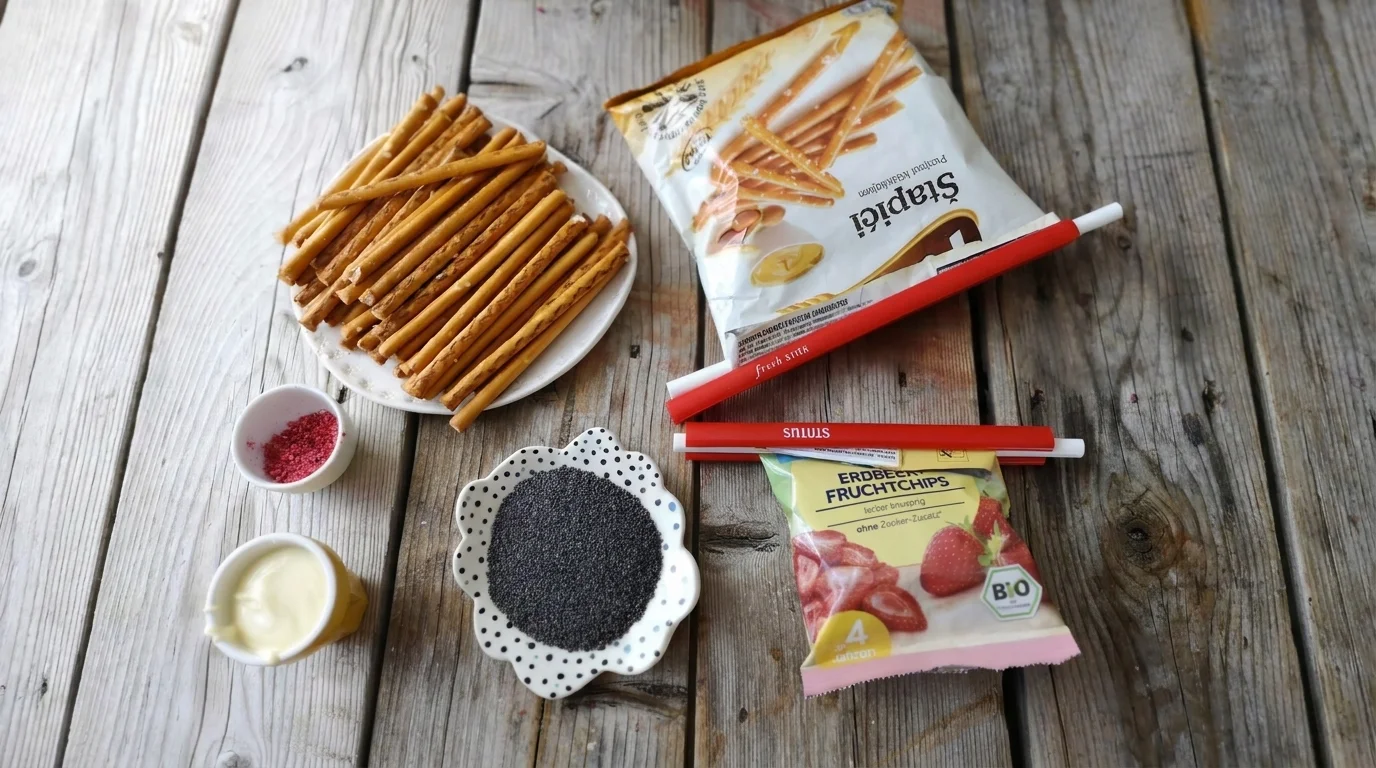 Uzávery Status Fresh Sticks utesňujú otvorené vrecká s pochutinami na drevenom stole vedľa taniera so slanými tyčinkami.