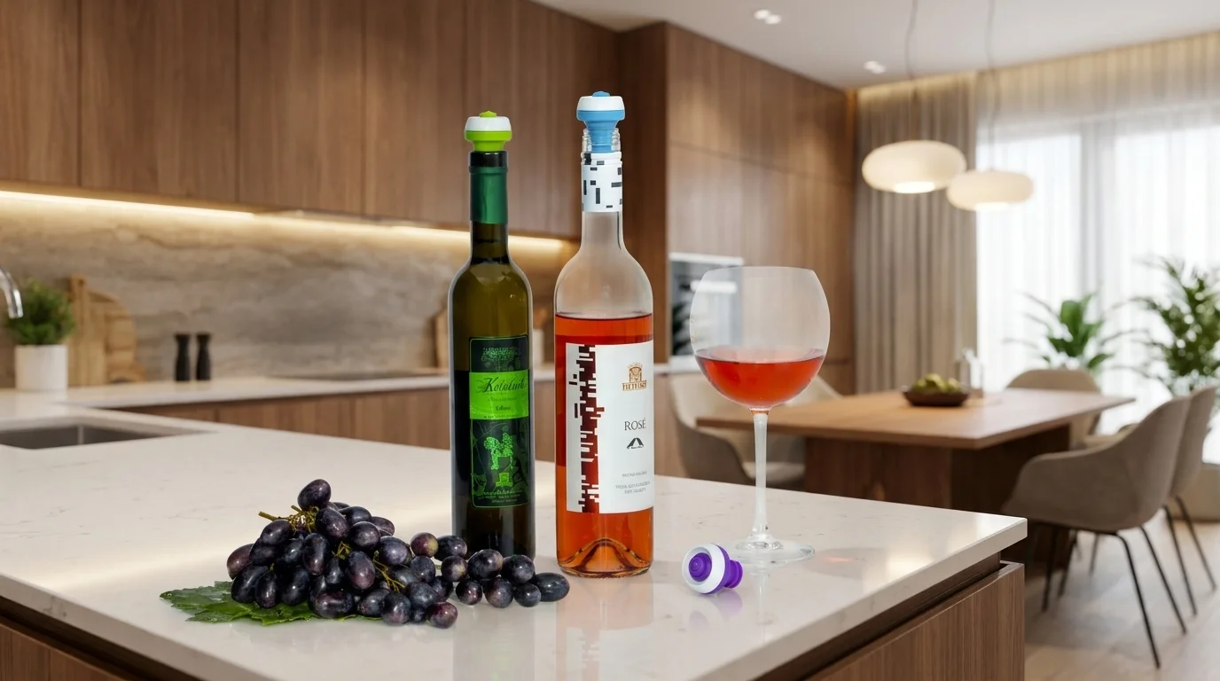 Barevné vakuové zátky Status nasazené na lahvích na kuchyňské lince vedle sklenky vína a hroznů.