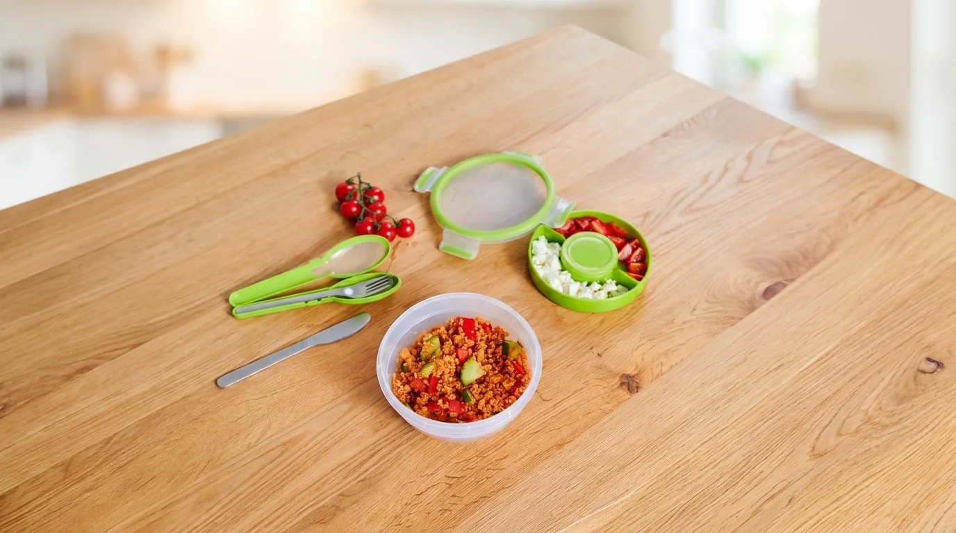 Otevřený kruhový box Tefal Masterseal To Go s jídlem, vnitřní dělenou miskou, víkem a příborem na dřevěném stole.