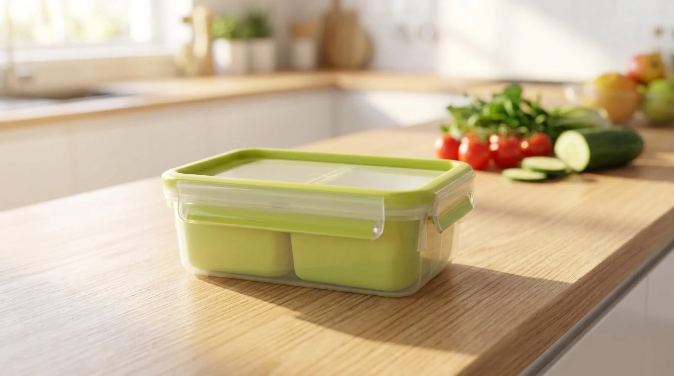 Uzavřený box na potraviny Tefal Masterseal To Go se zelenými vnitřními miskami na dřevěné kuchyňské lince.