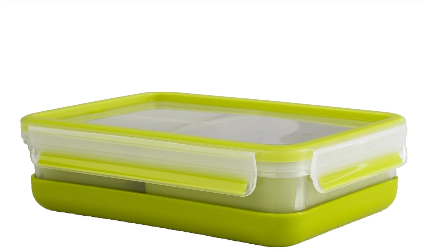 Zelená obdélníková dóza na potraviny Tefal Masterseal To Go s průhledným víkem a bočními klipy.