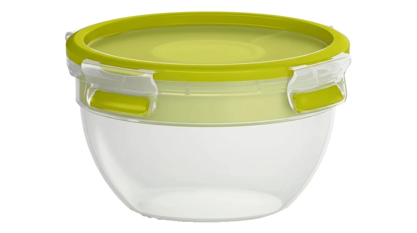 Kulatý průhledný box na potraviny Tefal Masterseal To Go se zeleným víkem a bočními uzavíracími klipy.