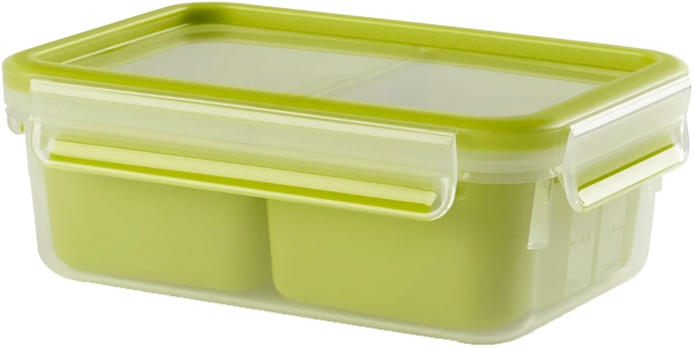Obdélníková dóza na potraviny Tefal s průhledným víkem na klipy a dvěma zelenými vnitřními miskami.