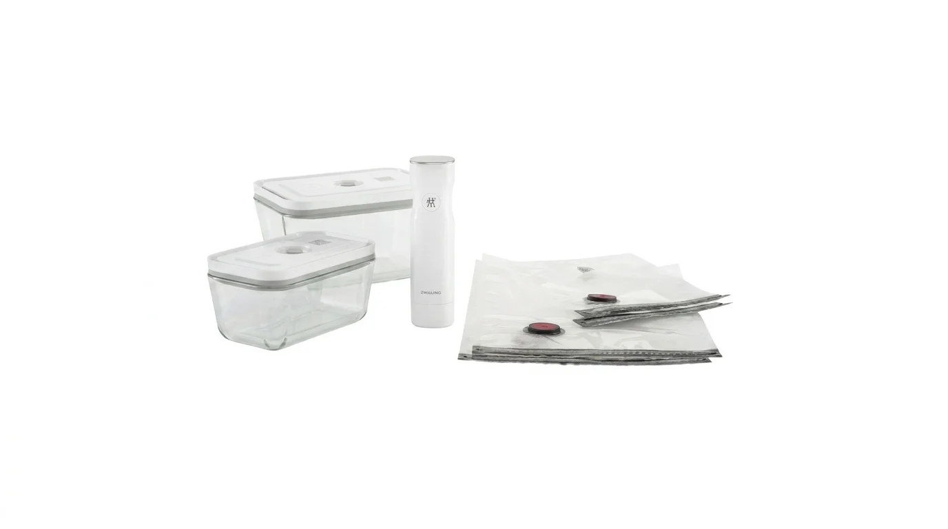 Vakuovací set ZWILLING Fresh&Save obsahující dvě skleněné dózy s bílými víčky, bílou elektrickou pumpu a vakuovací sáčky.