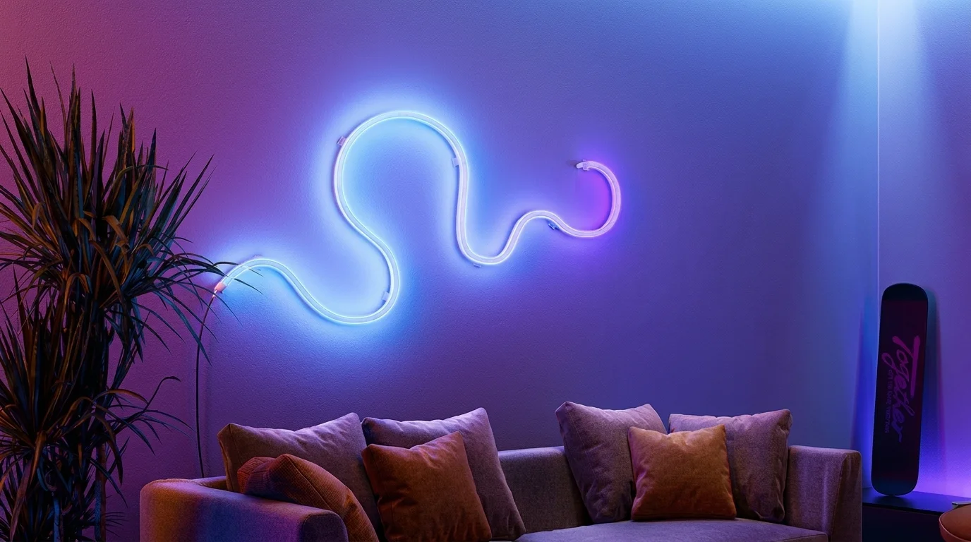 Svietiaci LED pásik Xiaomi Mi Lightstrip Pro vytvarovaný do vĺn na stene nad pohovkou v modrom a fialovom tóne.