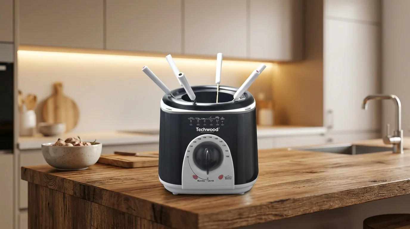 Černobílá fritéza Techwood s fondue vidličkami stojící na dřevěné kuchyňské lince.