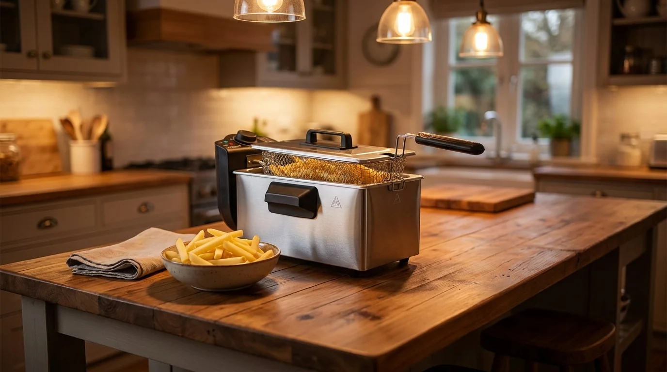 Nerezová fritéza Techwood TFR4030 s fritovacím košem a miskou hranolků na dřevěné kuchyňské lince.